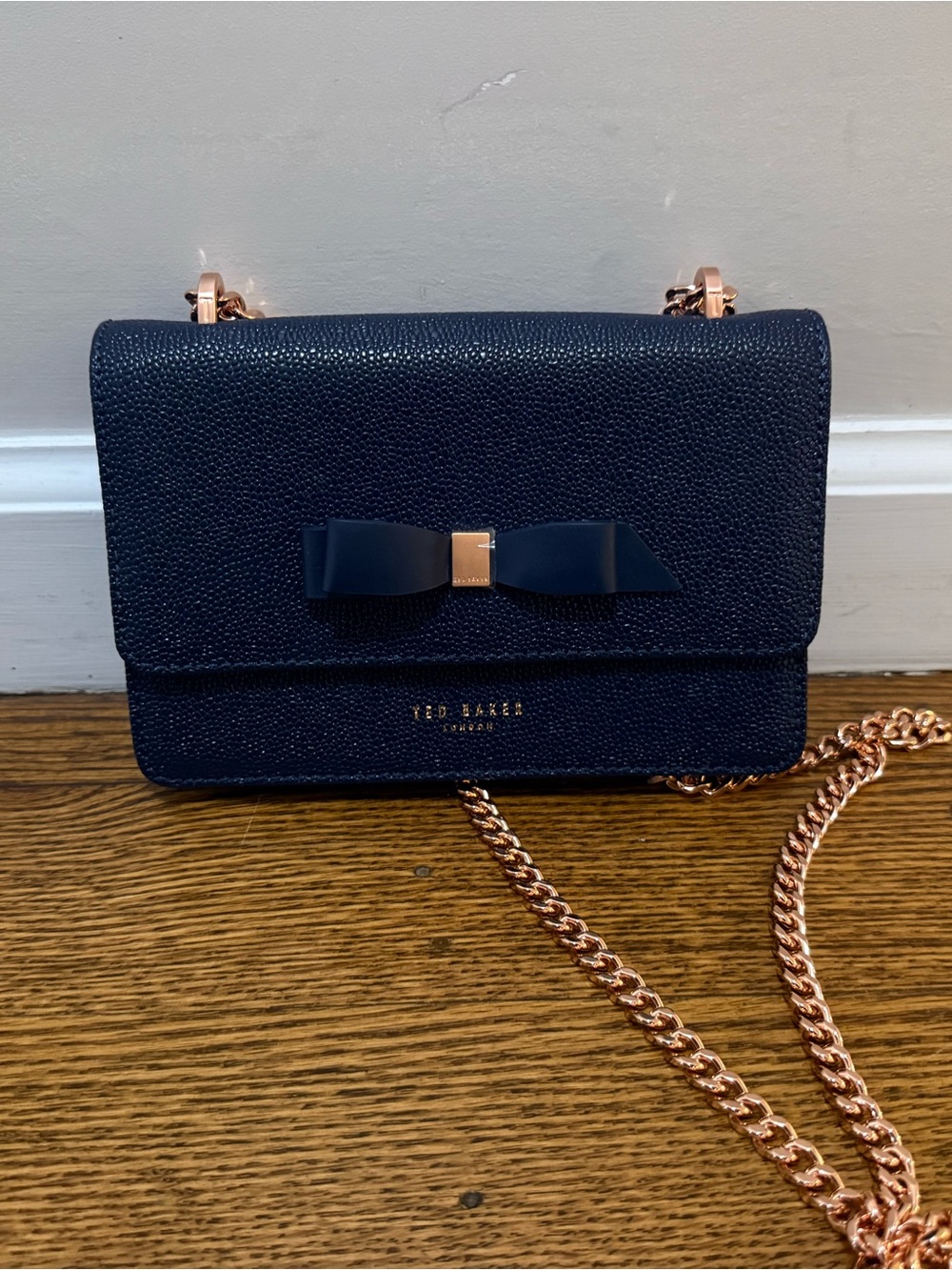 Ted Baker Navy Bow Chain Crossbody with Rose Gold Hardware